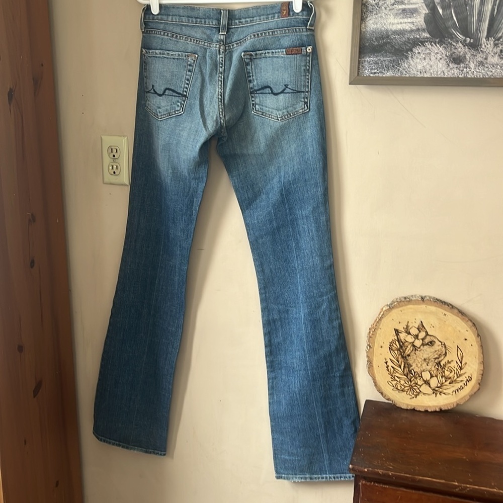 7FAM Blue Distressed Denim Lowrise Bootcut Jean Size 27 Y2K - Picture 8 of 10